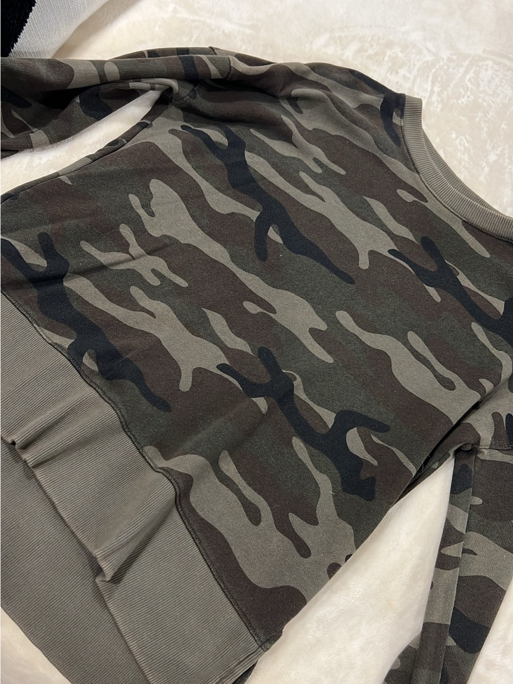 No Boundaries Women's Camo Pullover Sweater in Olive, Black, Brown